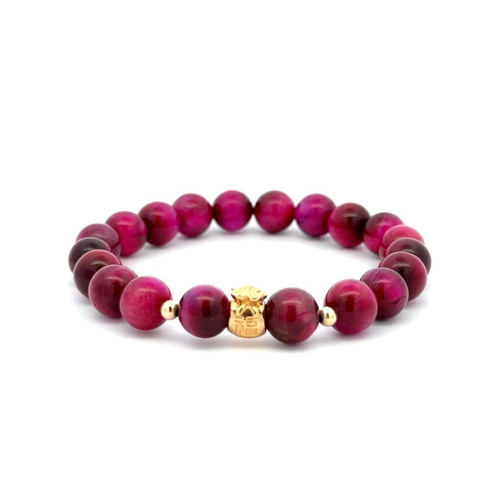 18K Gold Money Bag Lucky Charm Beads Bracelet Gemstones Pink Tiger's Eye 8mm